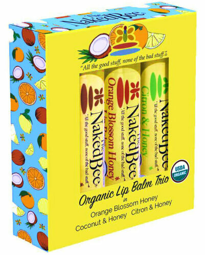 Naked Bee Organic Lip Balm Trio Gift Set Orange Blossom, Coconut, Citron & Honey